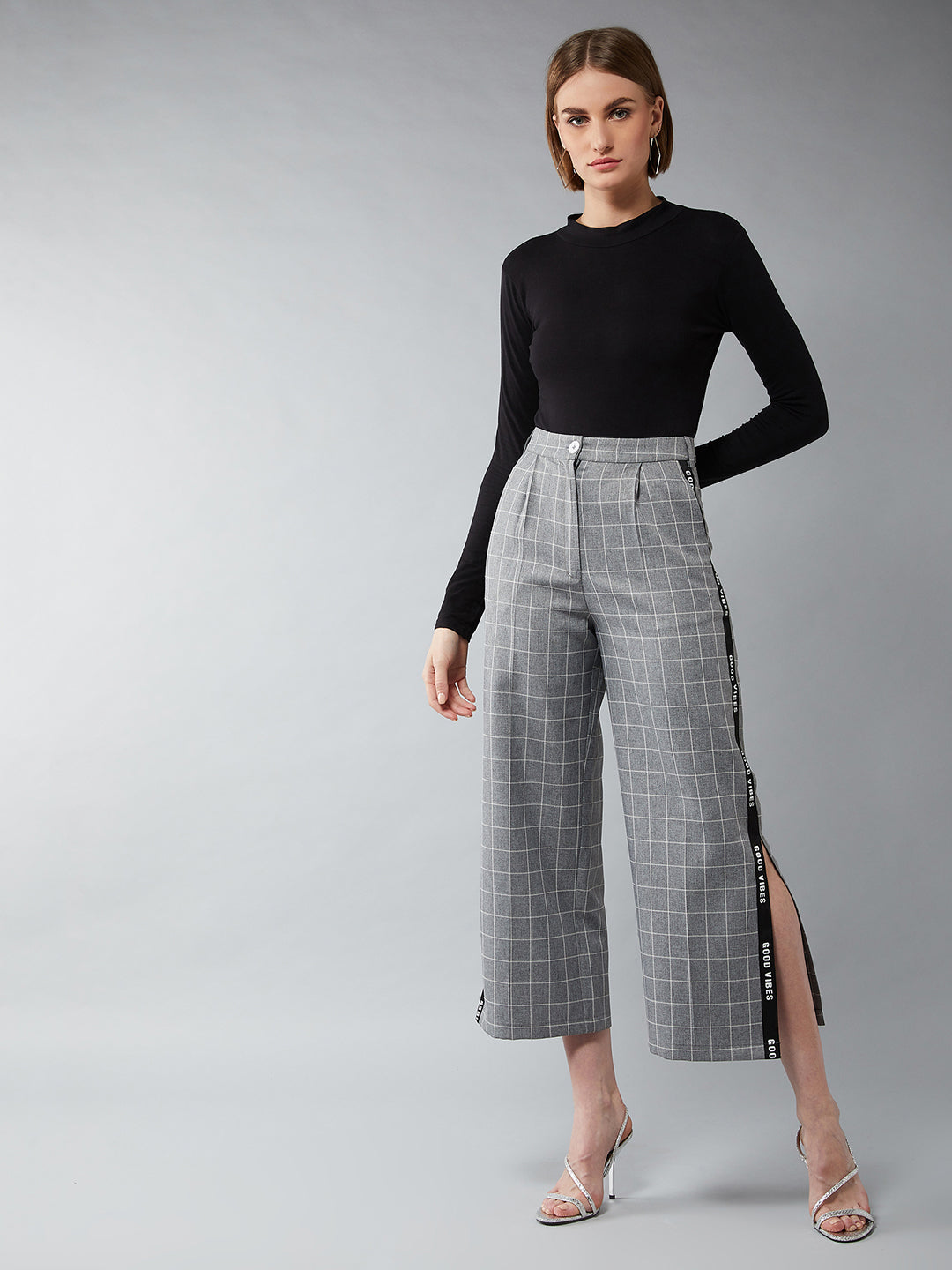 Women's Grey & White Regular Fit Checkered Flared Trouser