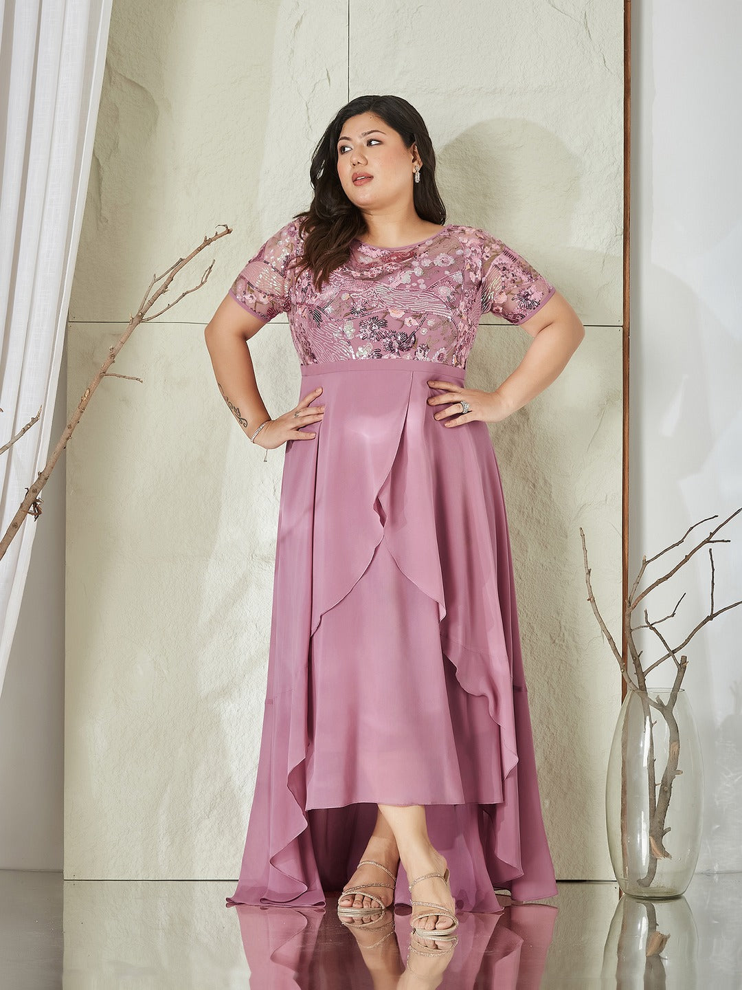 Dusty Lavender Round Neck Short Sleeve Floral Layered Georgette Midi Dress for Women