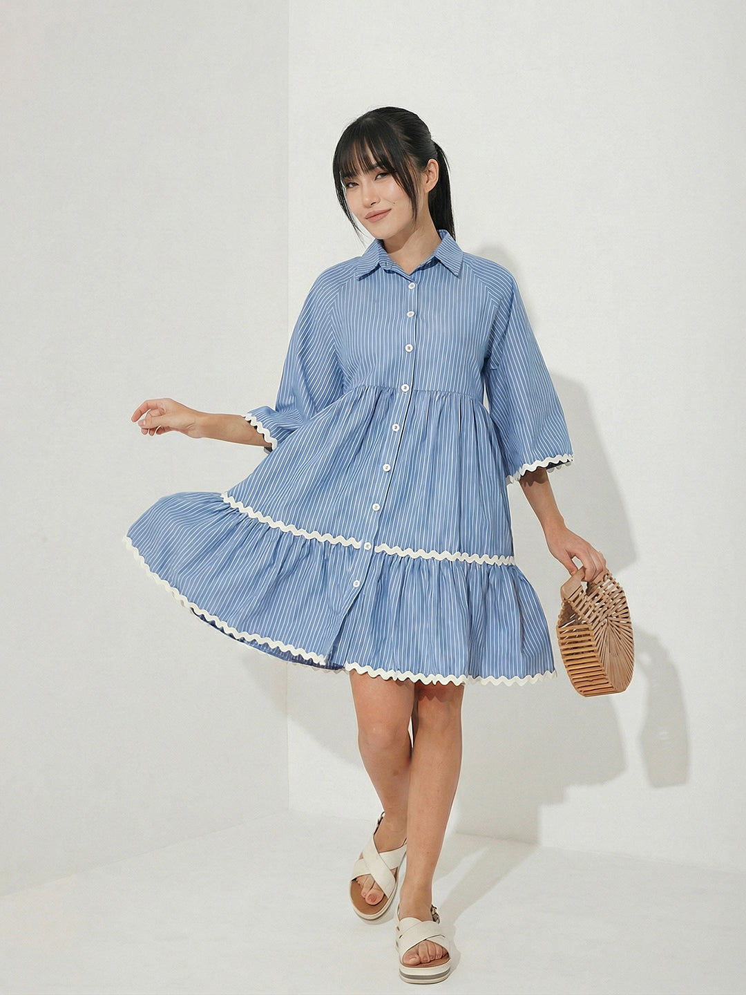 Light Blue Striped Cotton Shirt Dress with Flared Sleeves and Tiered Hem for Women
