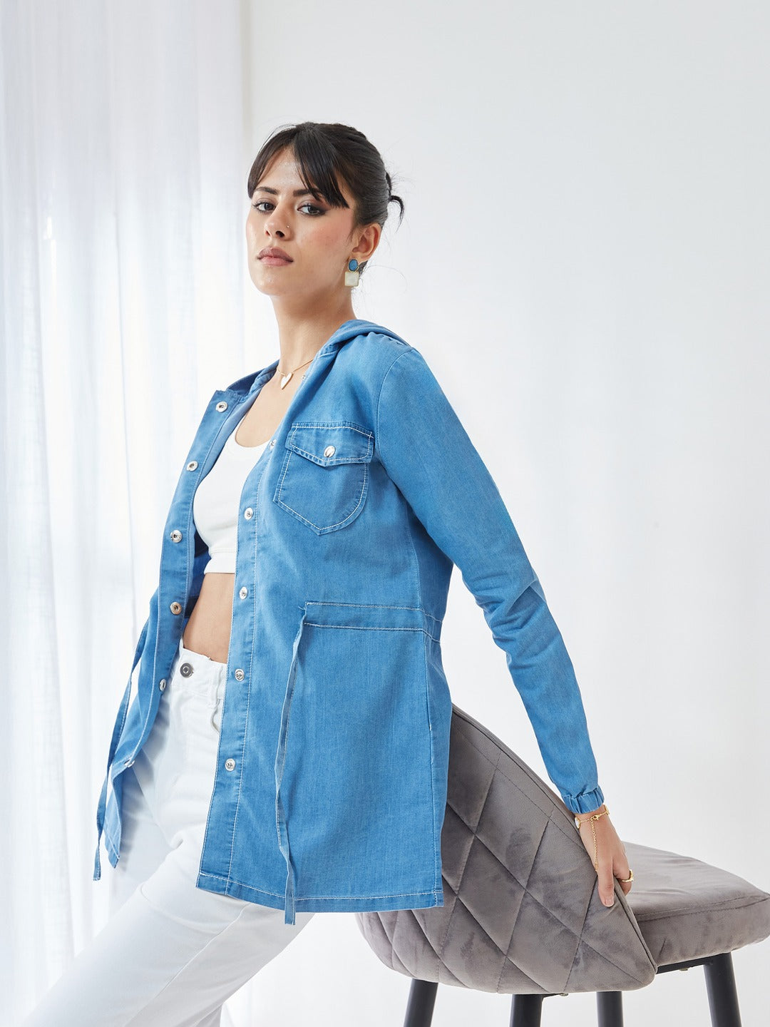 Light Blue Round Neck Full Sleeve Solid hoody with tie-up Long Denim Jacket for Women