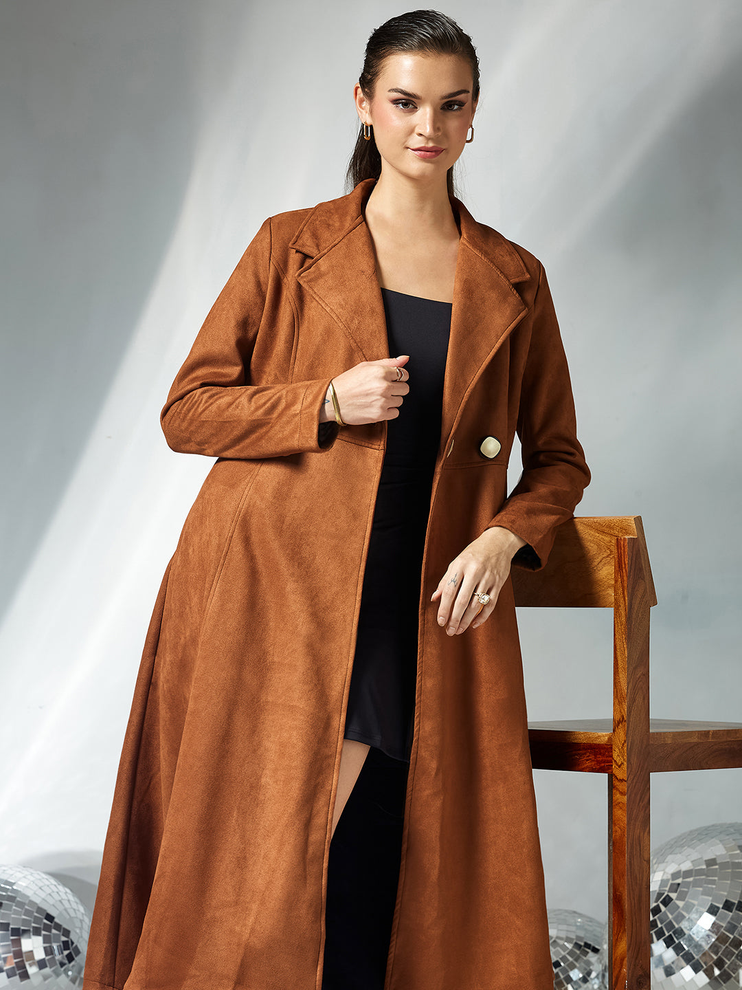Women's Brown Solid V-Neck Full Sleeves Side Pocketed Polyester Double Breasted Longline Jacket