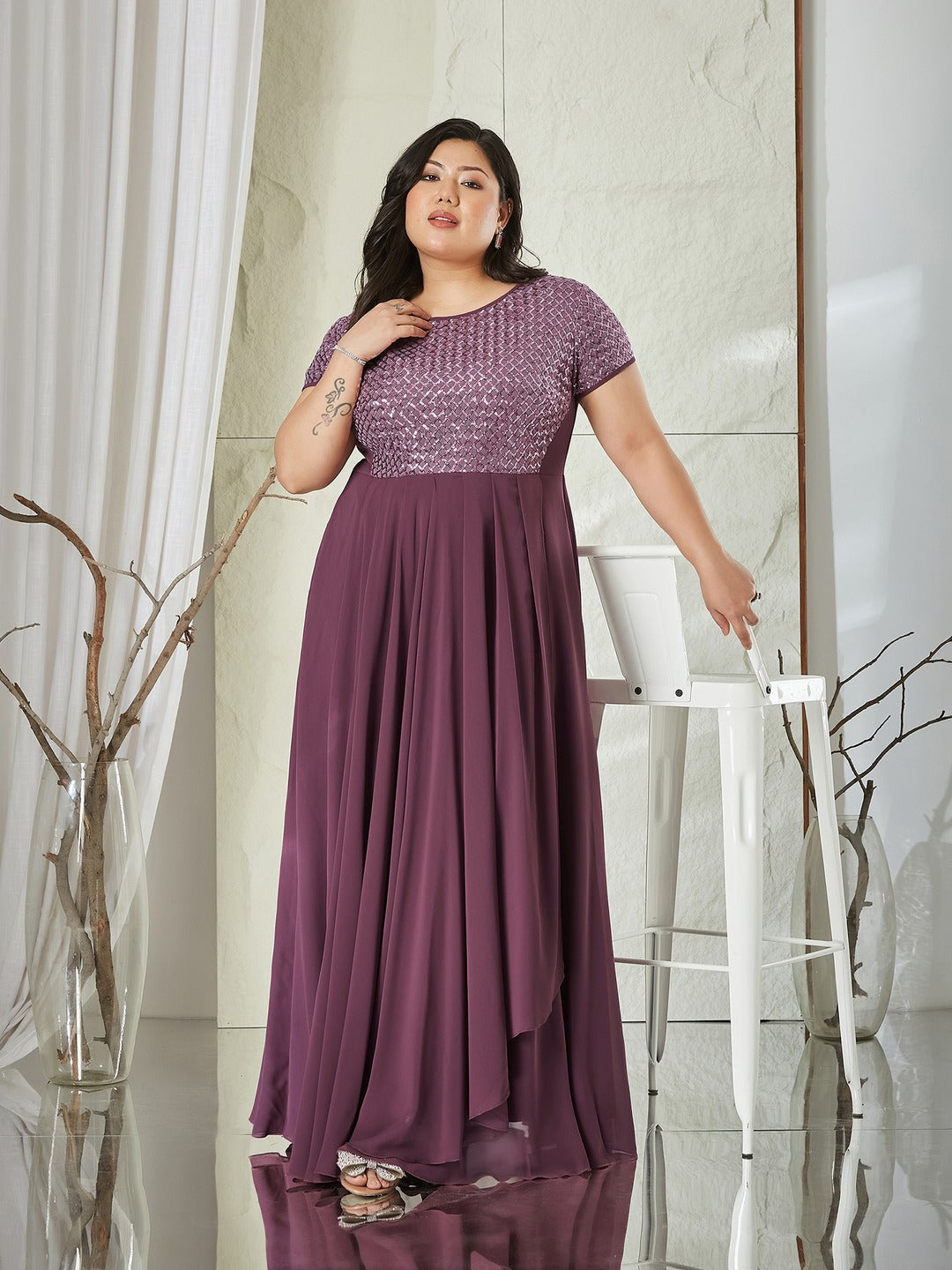 Mauve Round Neck Cap Sleeve Embellished Fit & Flare Maxi Crepe Dress for Women