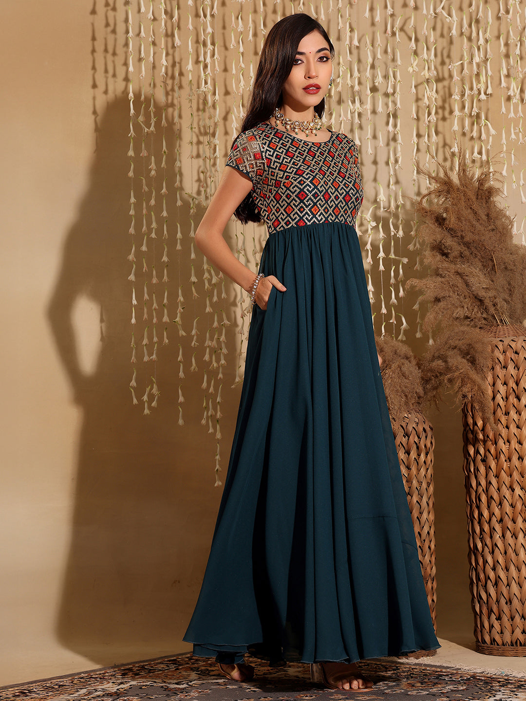 Women's Multicolored-Base-Teal Round Neck Short Sleeve Embroidered Fit and Flared Georgette Maxi Dress