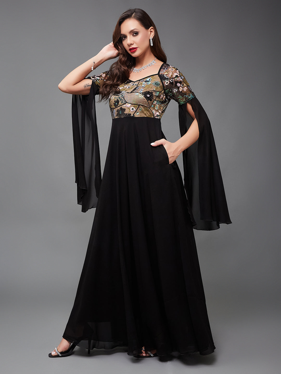 Women's Black Sweet-Heart Full Sleeve Embellished Slit Sleeve Maxi Georgette Dress