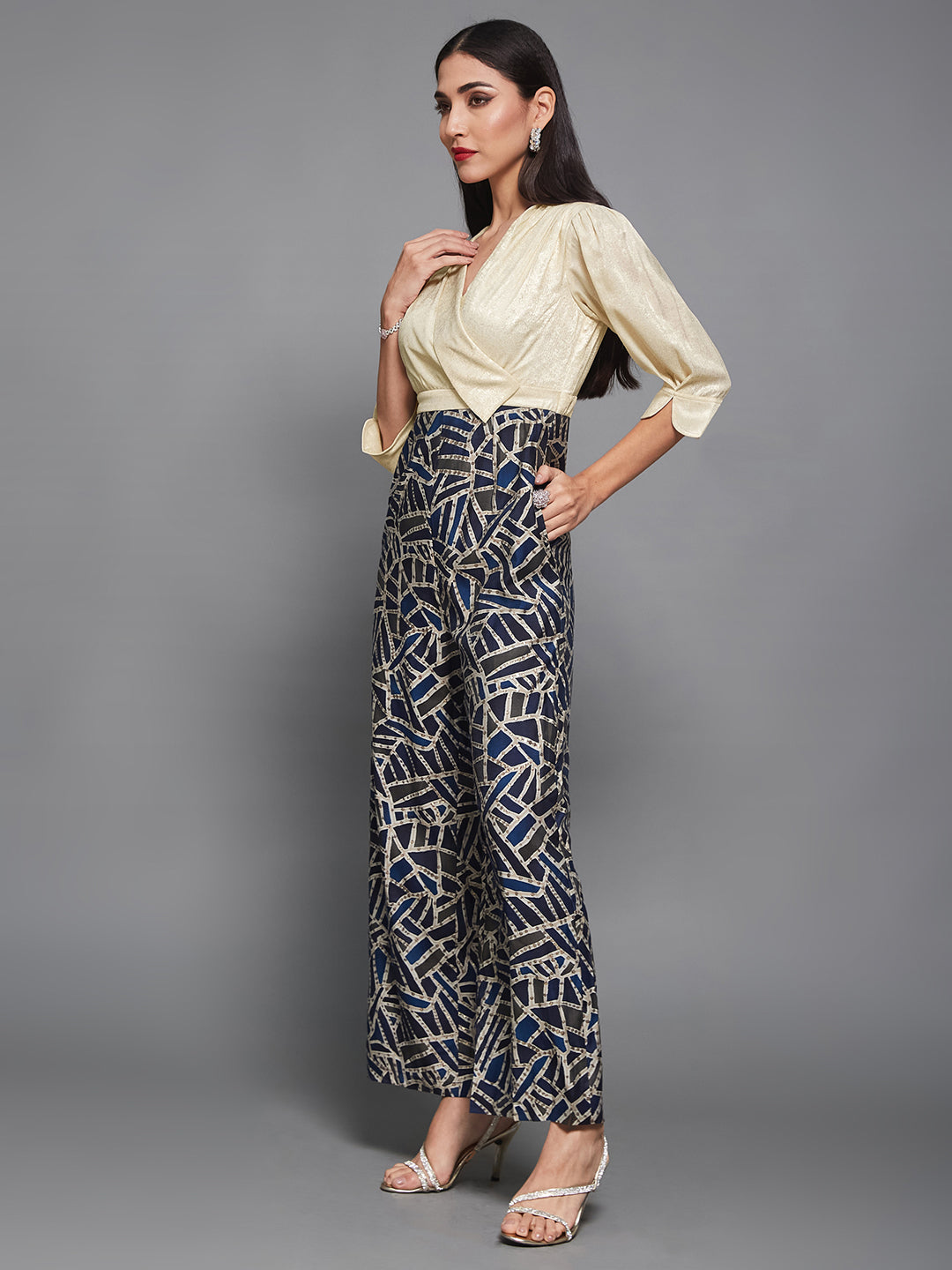 Cream Asymmetric Shawl-Collar 3/4 Sleeve Geometric Regular Jumpsuit for Women