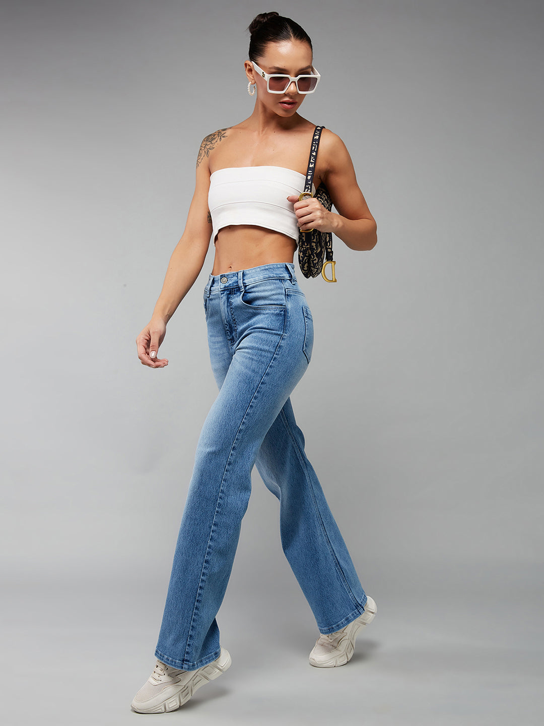 Tummy Smoothening Light-Shaping Wide-Leg High-Rise Light-Blue Denim Jeans