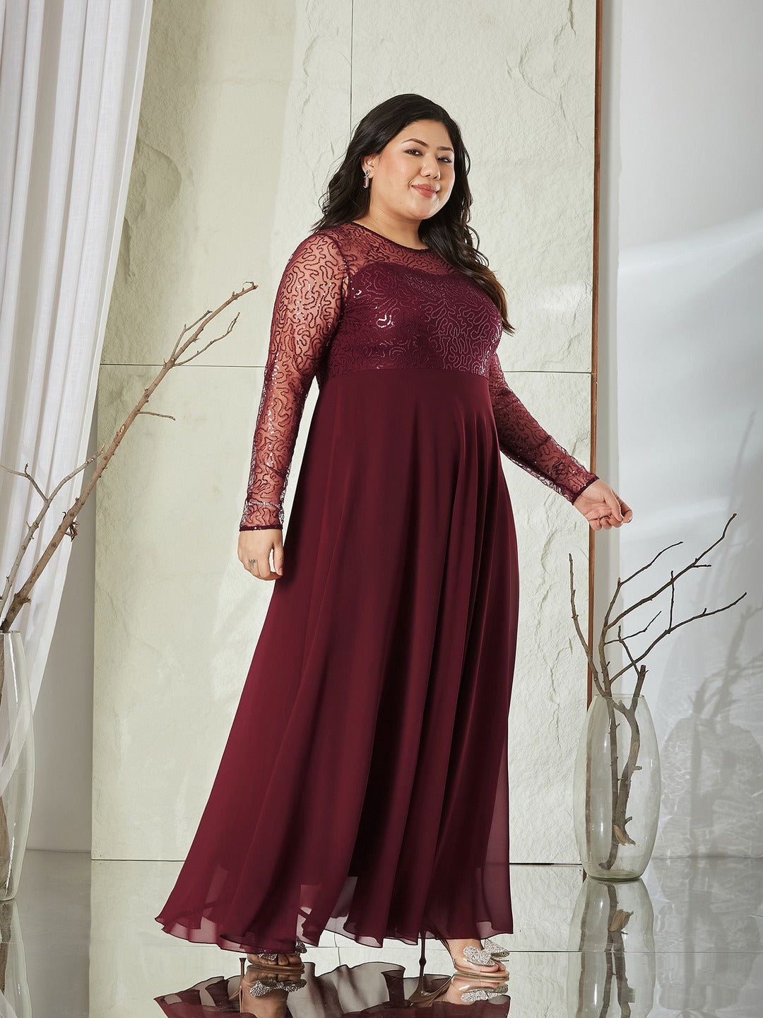 Wine Solid Embellished Maxi Dress for Women