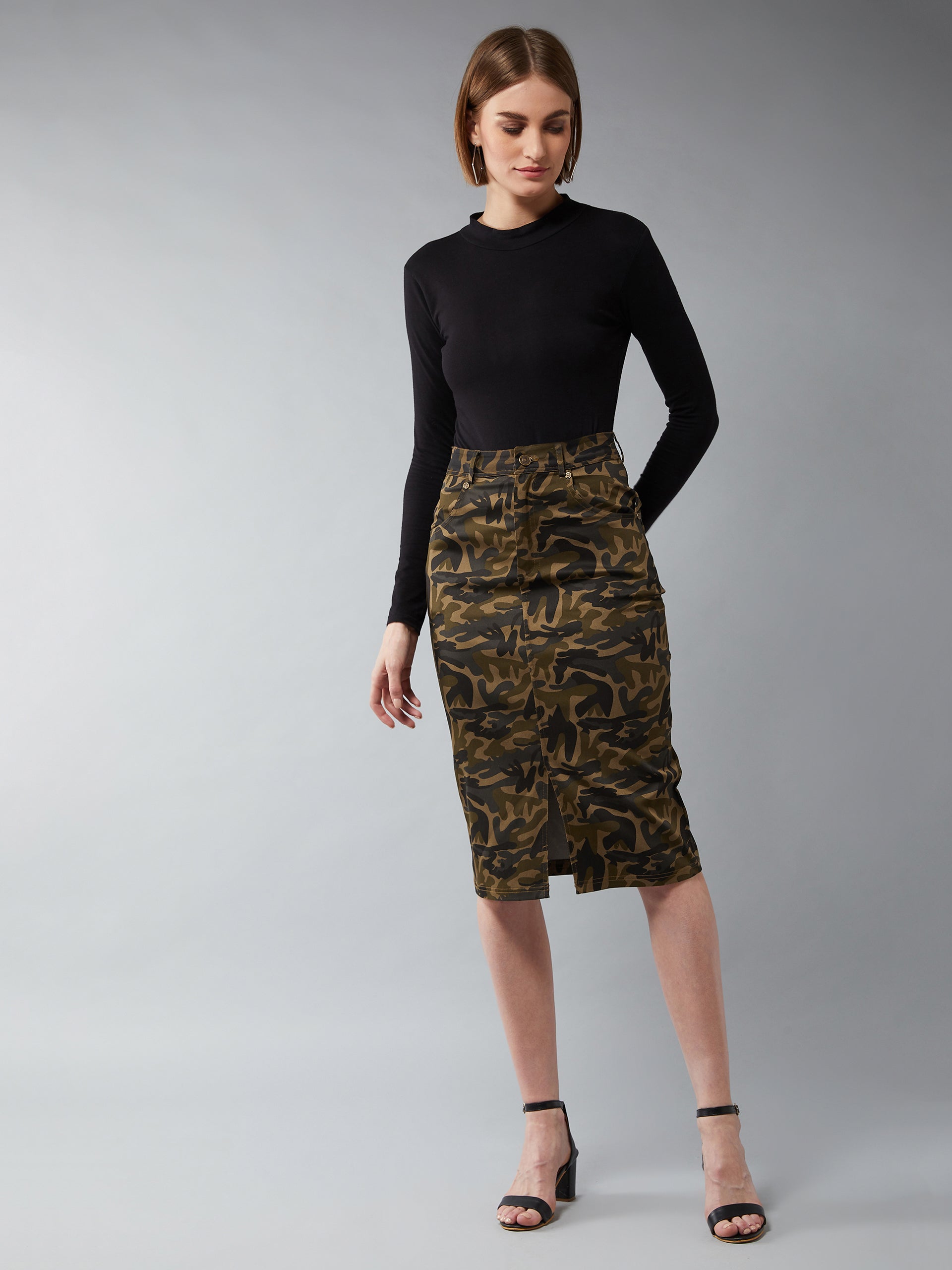 Women's Multicolor- Base Olive Green Cotton Printed Bodycon Midi Skirt