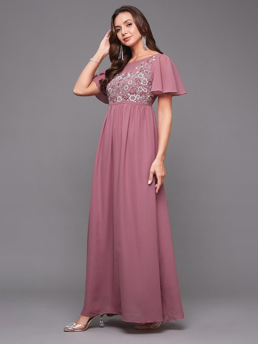 Women's Dusty Lavender Boat Neck Half Sleeve Solid Embellished Georgette Maxi Dress