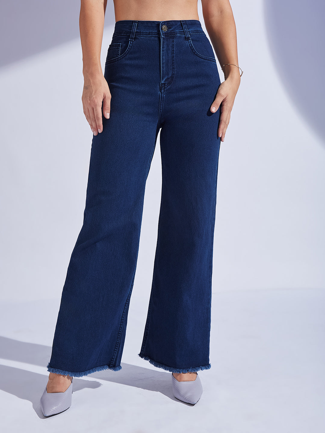 Women's Navy Blue Wide-Leg High-Rise Clean-Look Regular-Length Stretchable Denim Jeans