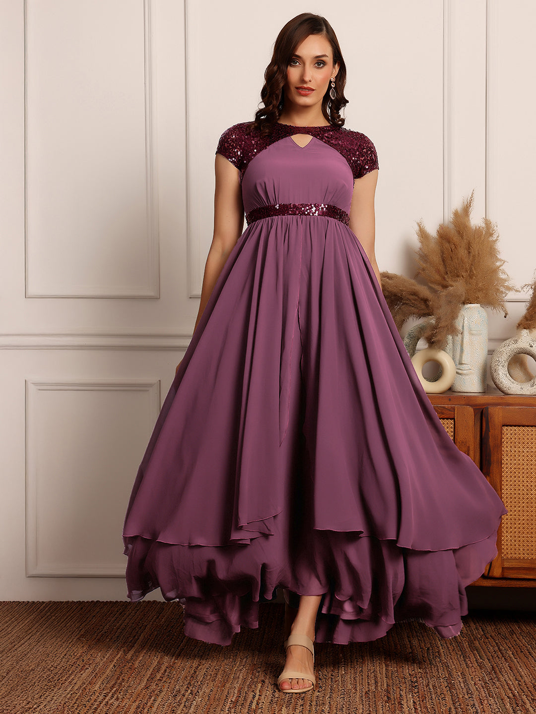Women's Mauve Keyhole Short Sleeve Embellished Layered Georgette Maxi Dress