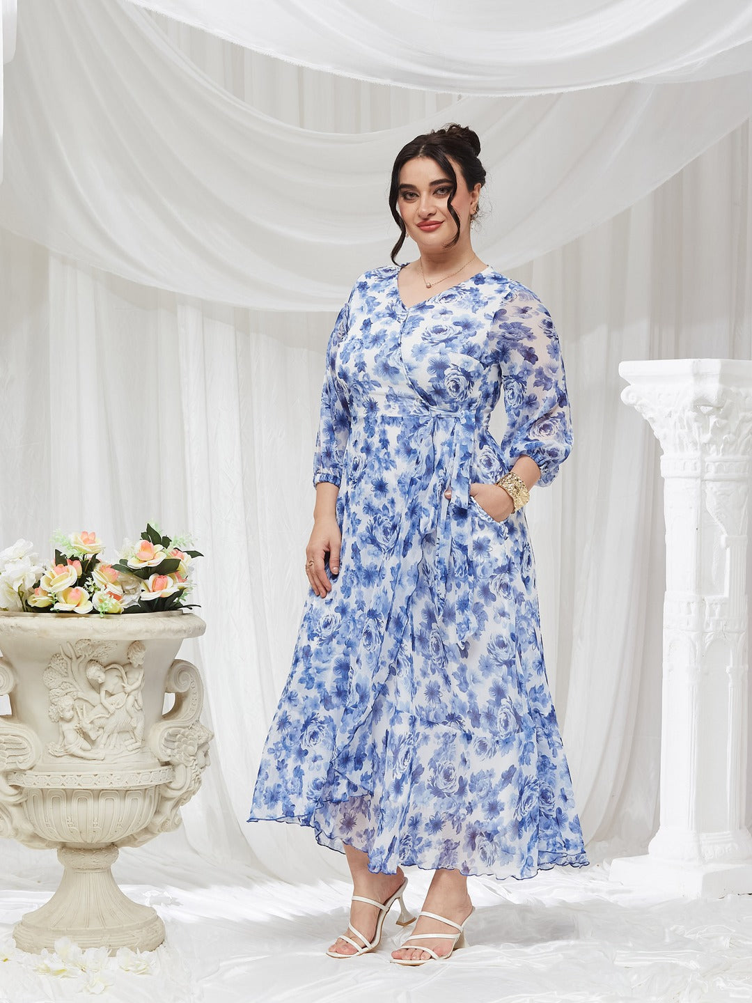 White V-Neck Three-Quarter Sleeve Floral Wrap Chiffon Midi Dress for Women