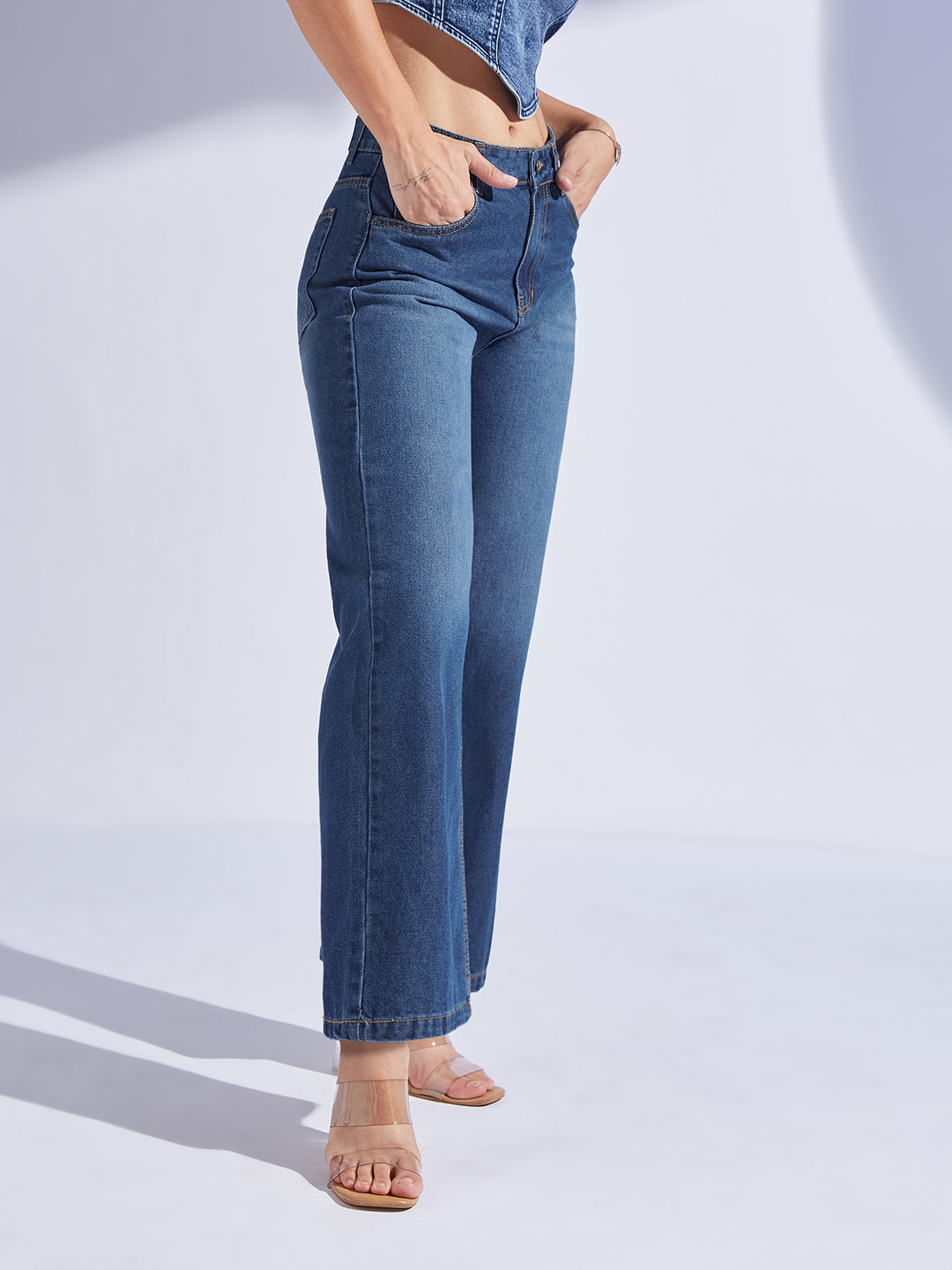 Women's Navy Blue Wide-Leg High-Rise Denim Jeans