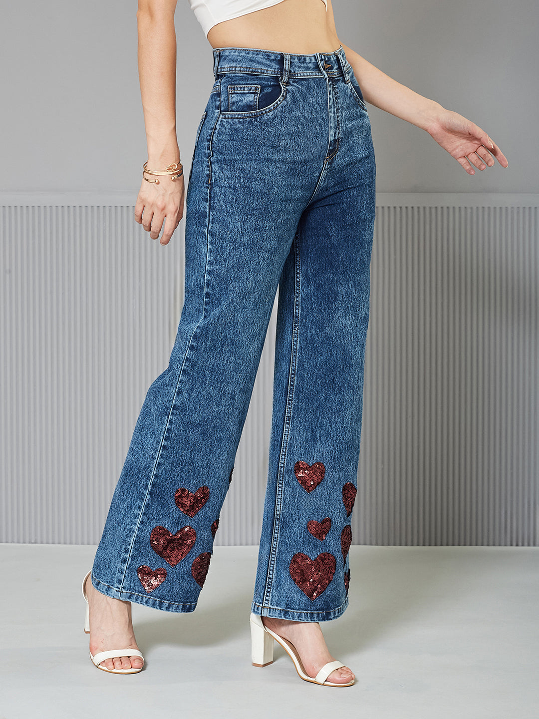 Mid-Blue Wide-Leg High-Rise Regular Stretchable Denim Jeans for Women