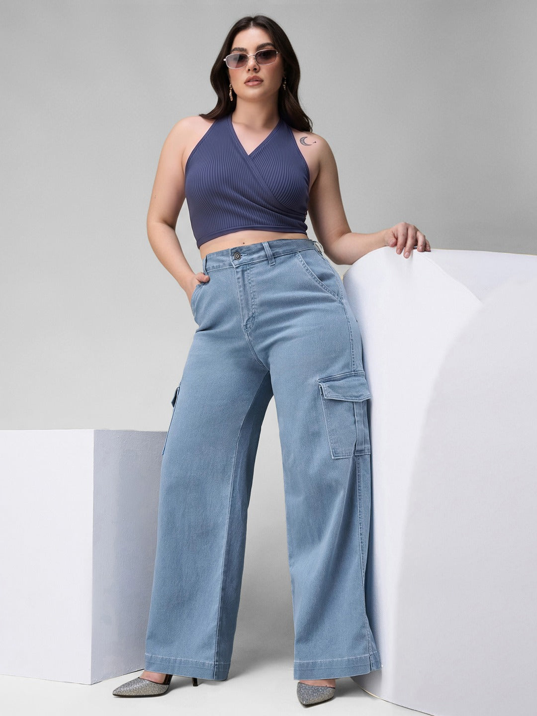 Blue Wide leg High rise Regular Stretchable Denim Jeans for Women