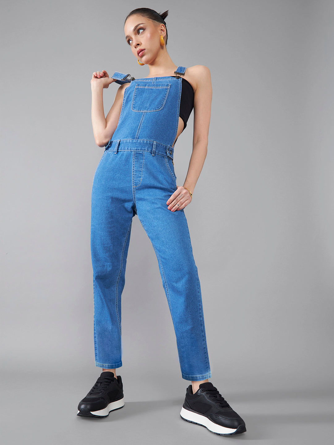 Women's Blue Regular Fit Mid Rise Regular Length Denim Dungaree