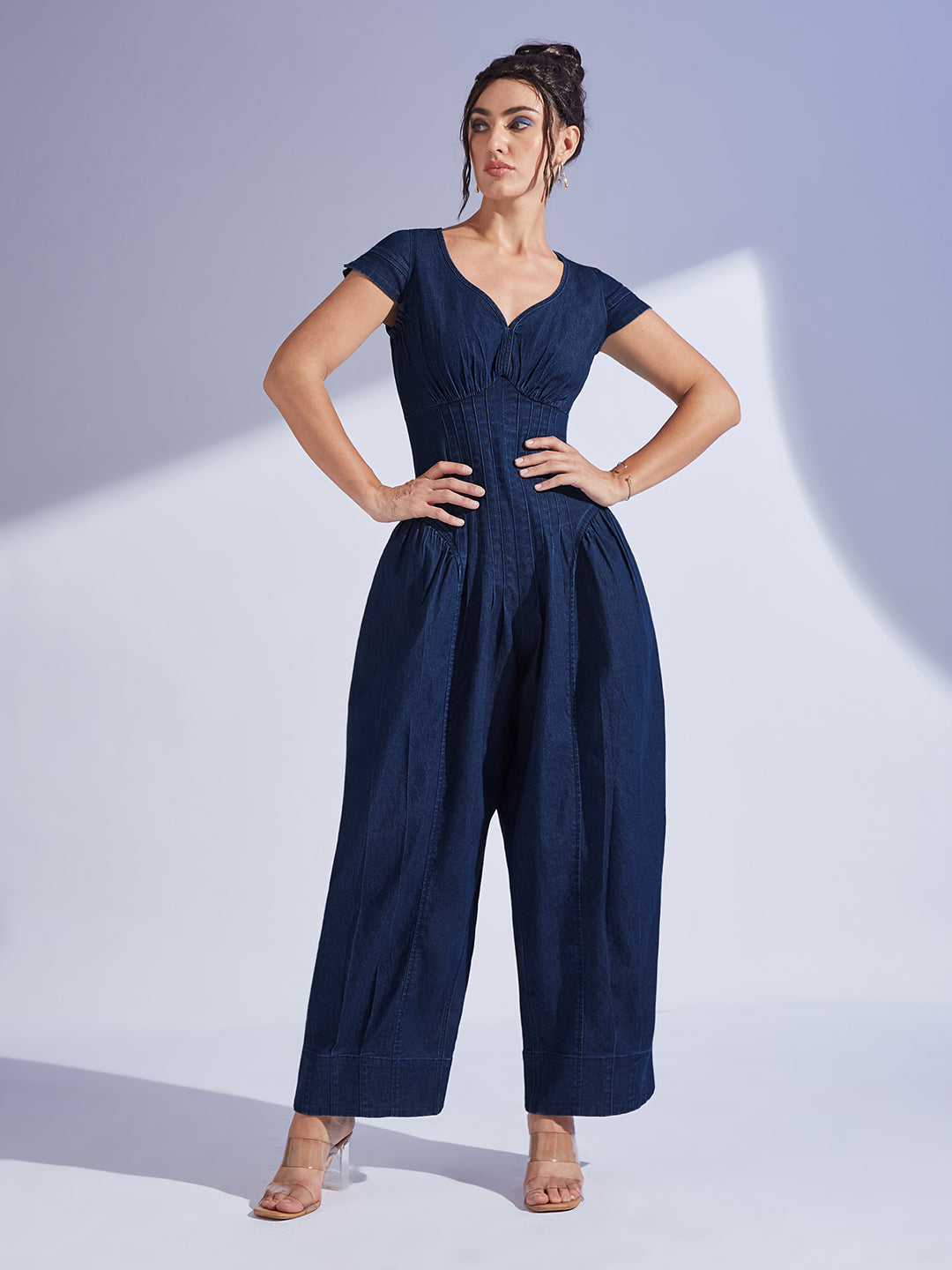 Women's Navy Blue Scoop Neck Cap Sleeve Pin Tucked Dhoti Style Denim Jumpsuit