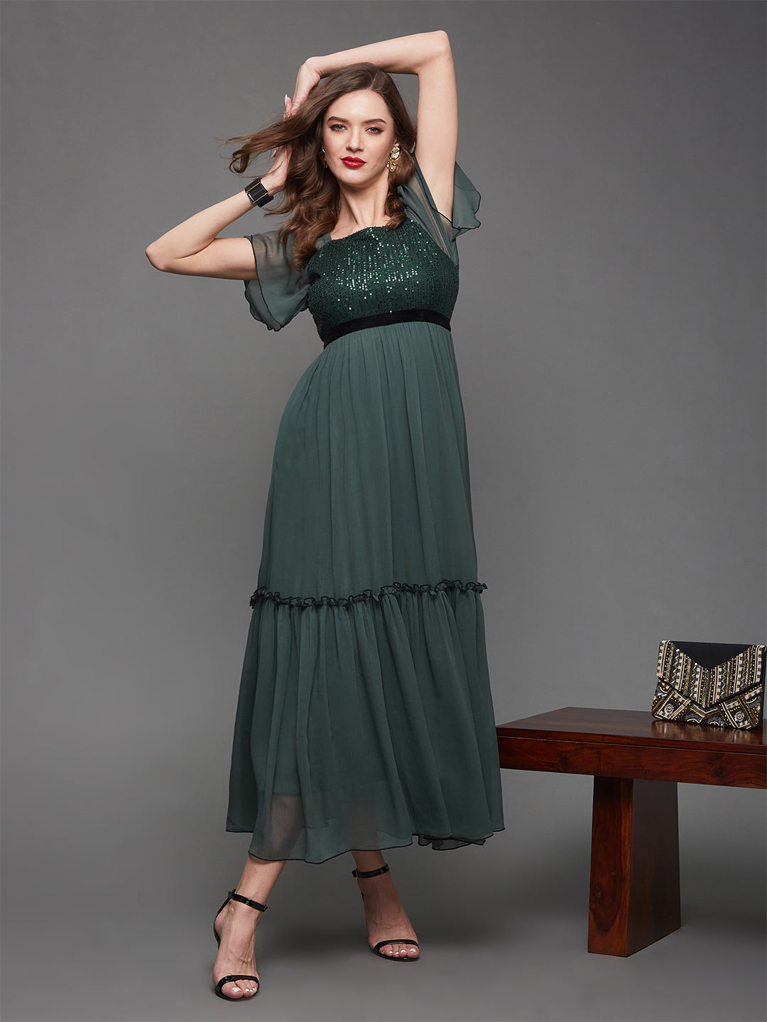 Women's Dark Green Embellished Square Neck Flared Sleeves Side Pocketed Chiffon Tiered Longline Dress