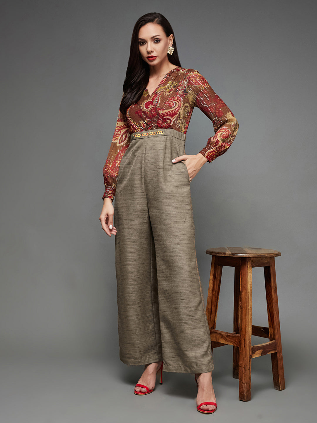 Women's Multicolored V-Neck Bishop Sleeve Bohemian Straight Leg Wrap Silk Jumpsuit