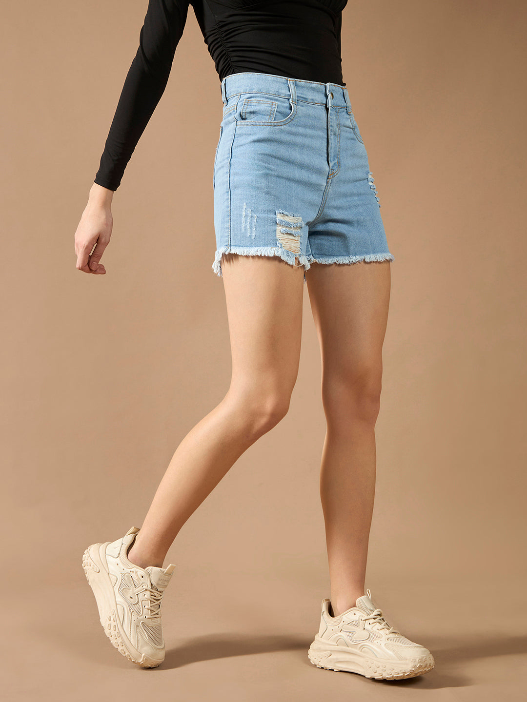 Women's Blue Relaxed Fit Mid Rise Highly Distressed Regular Length Denim Shorts