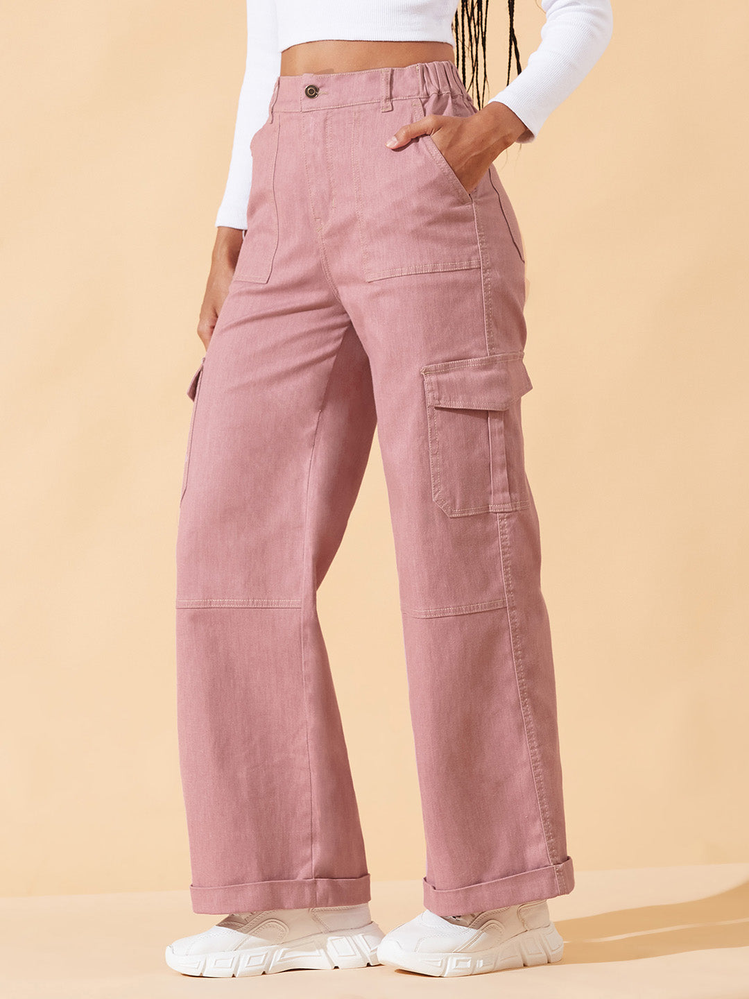 Rose Pink Wide-Leg High-Rise Clean-Look Regular-Length Stretchable Denim Pants for Women