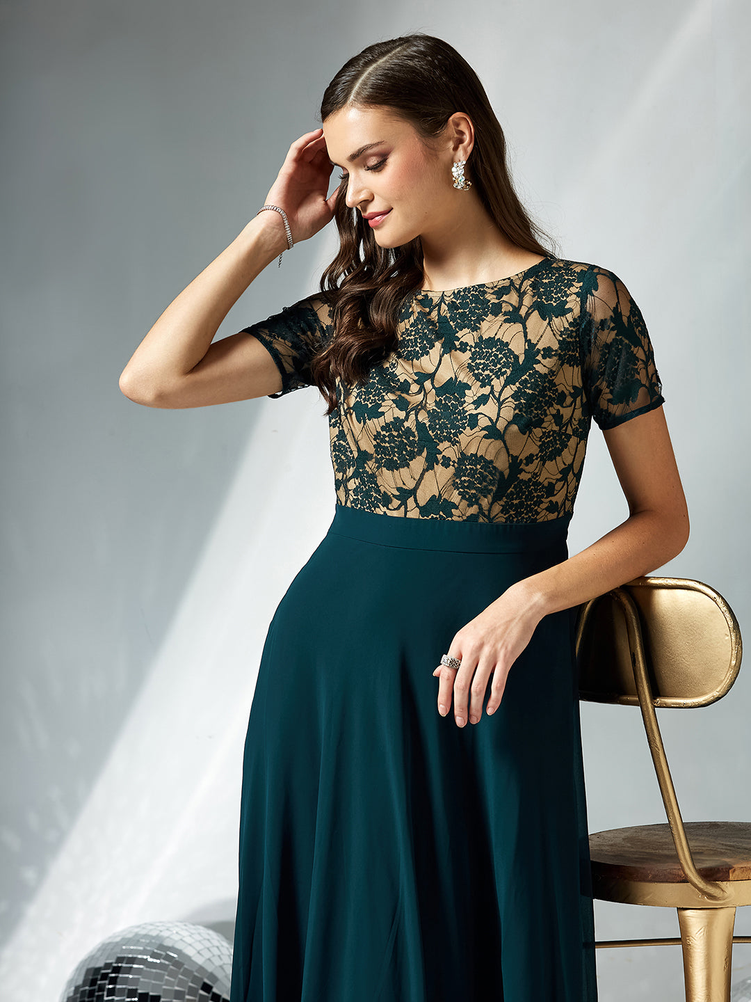 Women's Teal Round Neck Half Sleeve Self Design Fit & Flare Georgette Maxi Dress