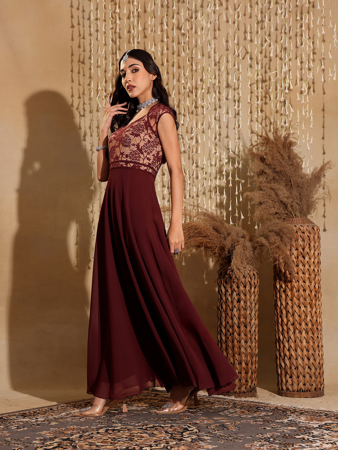 Women's Wine & Beige Floral V - Neck Cap Short Sleeves Lace Overlaid Fit & Flare Paneled Maxi Dress