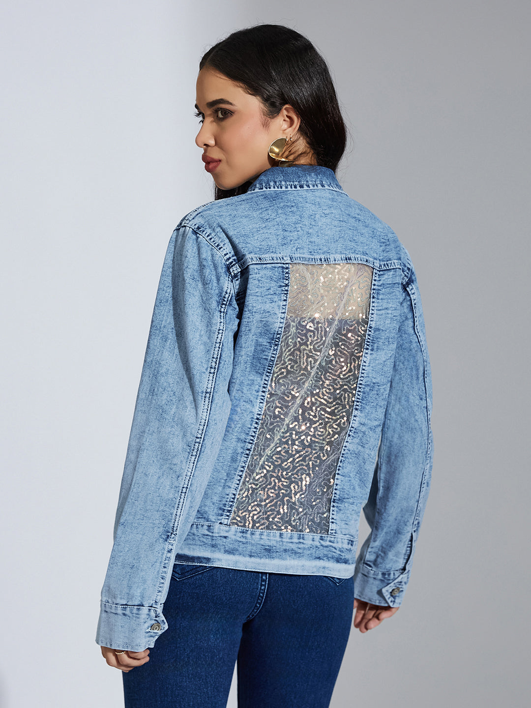 Women's Light Blue Collared Full Sleeve Solid Embellished Regular Length Denim Jacket