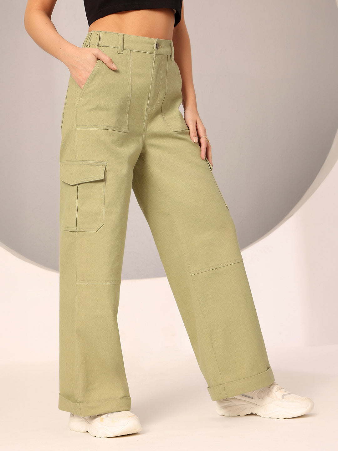 Women's Olive Wide-Leg High Rise Clean Look Regular Stretchable Denim Jeans