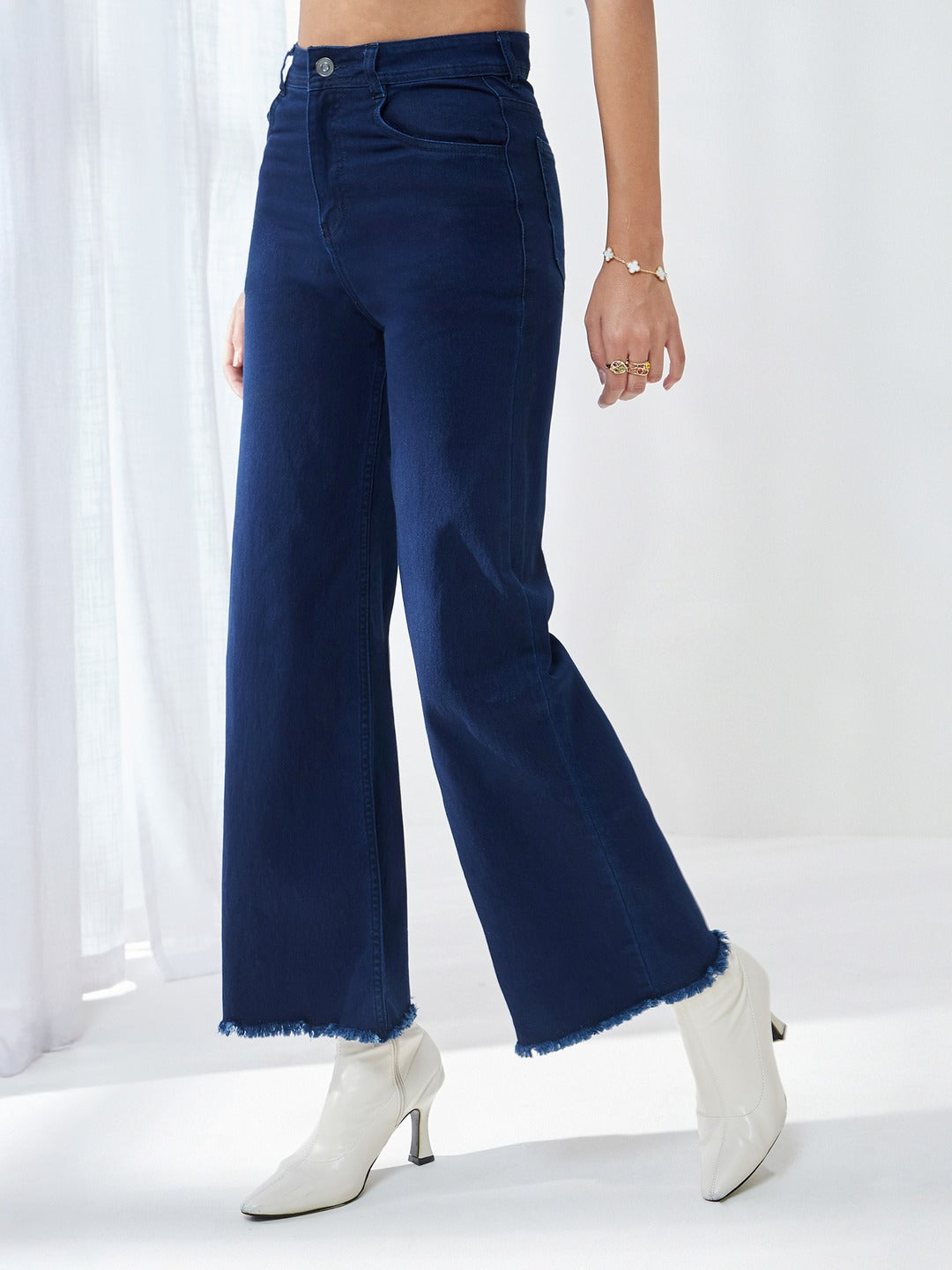 Navy Blue Wide-Leg High-Rise Stretchable Denim Jeans for Women