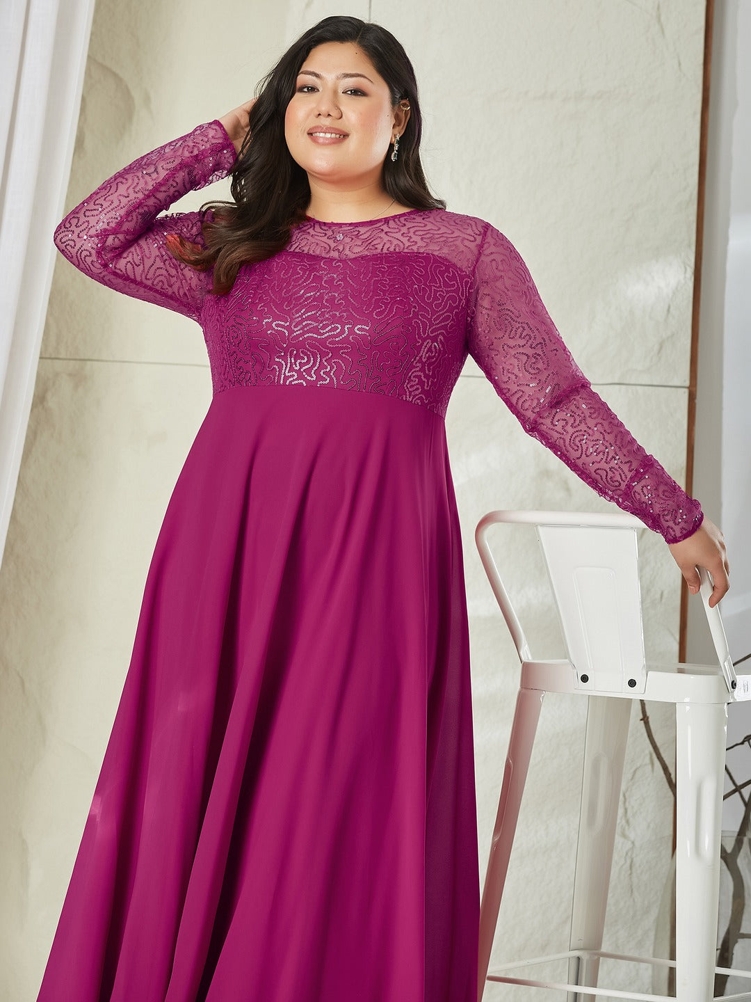 Ruby Pink Solid Embellished Maxi Dress for Women