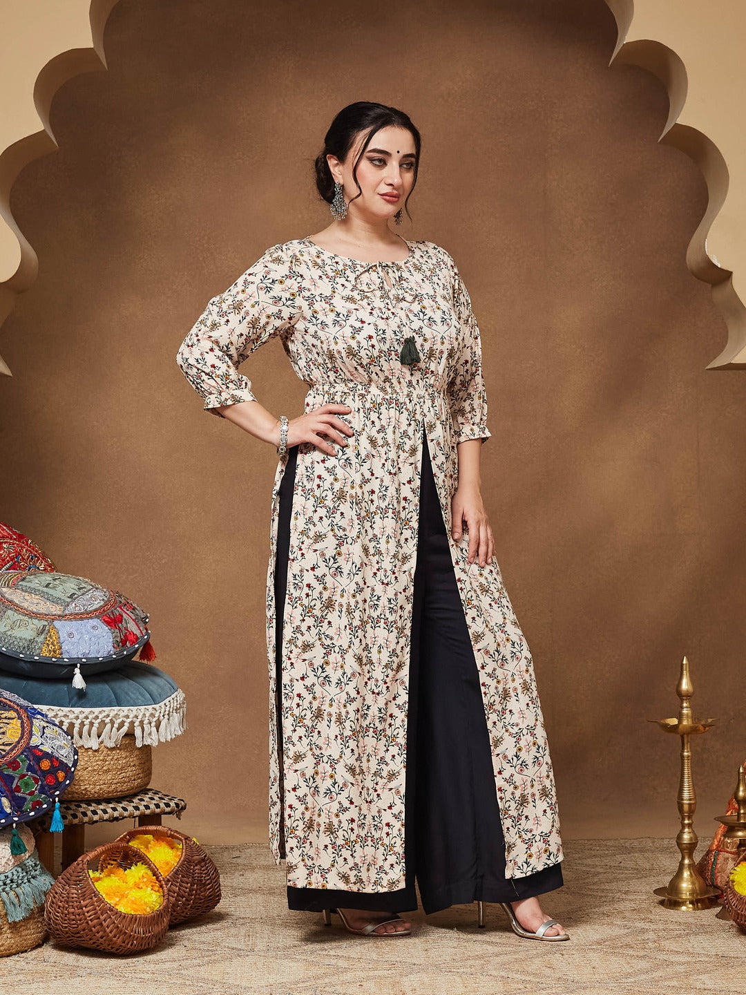 Round Neck 3/4 Sleeve Floral Tie-Up Tassel Detailing Front Slit Maxi Top for Women