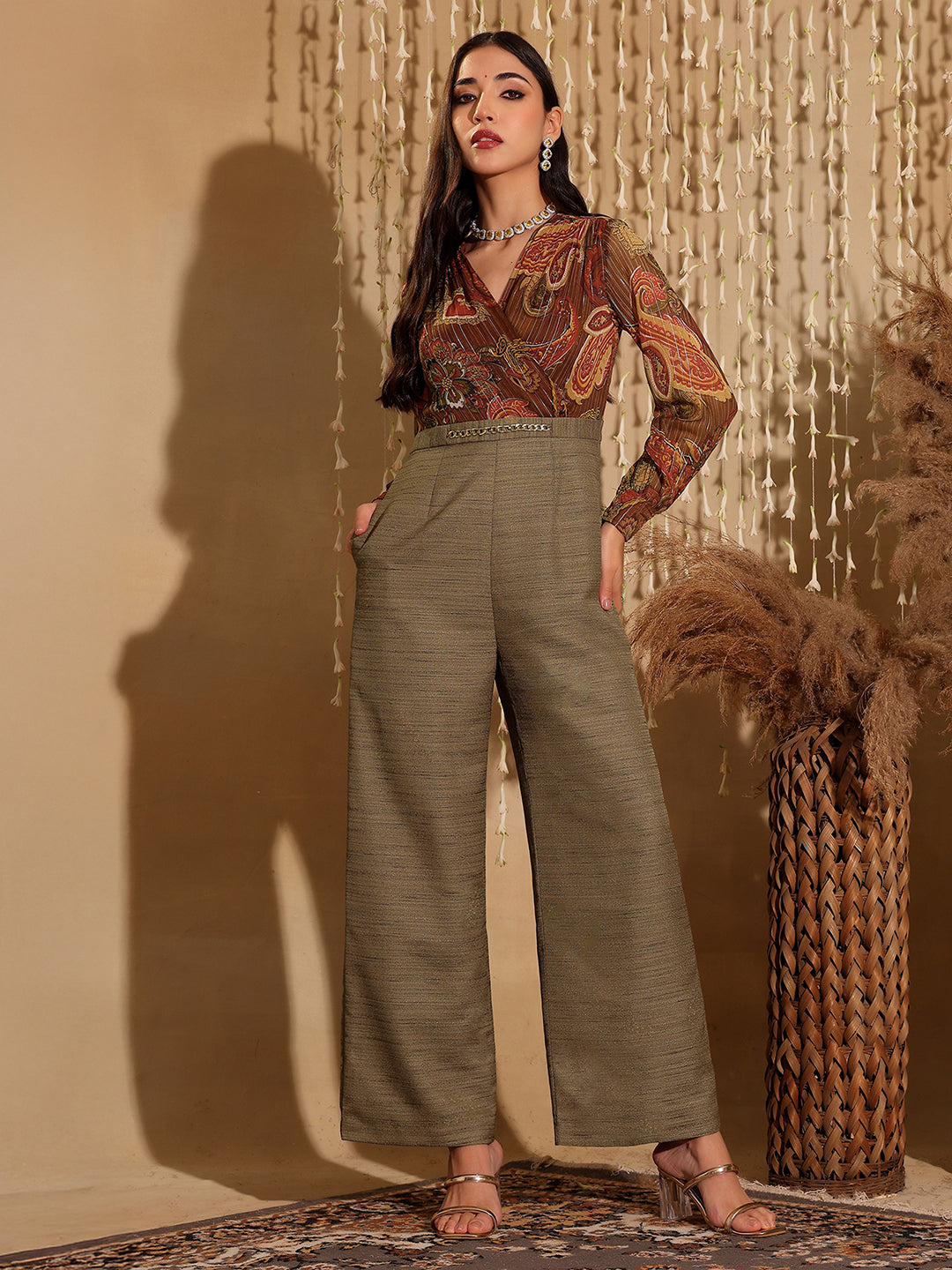 Women's Multicolored V-Neck Bishop Sleeve Bohemian Patterned Straight Leg Wrap Regular Silk Jumpsuit