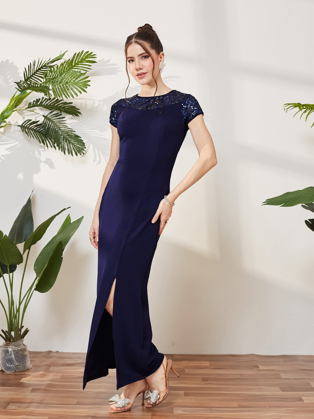Navy Blue Round Neck Cap Sleeves Sequin Paneled Solid Bodycon Maxi Dress for Women