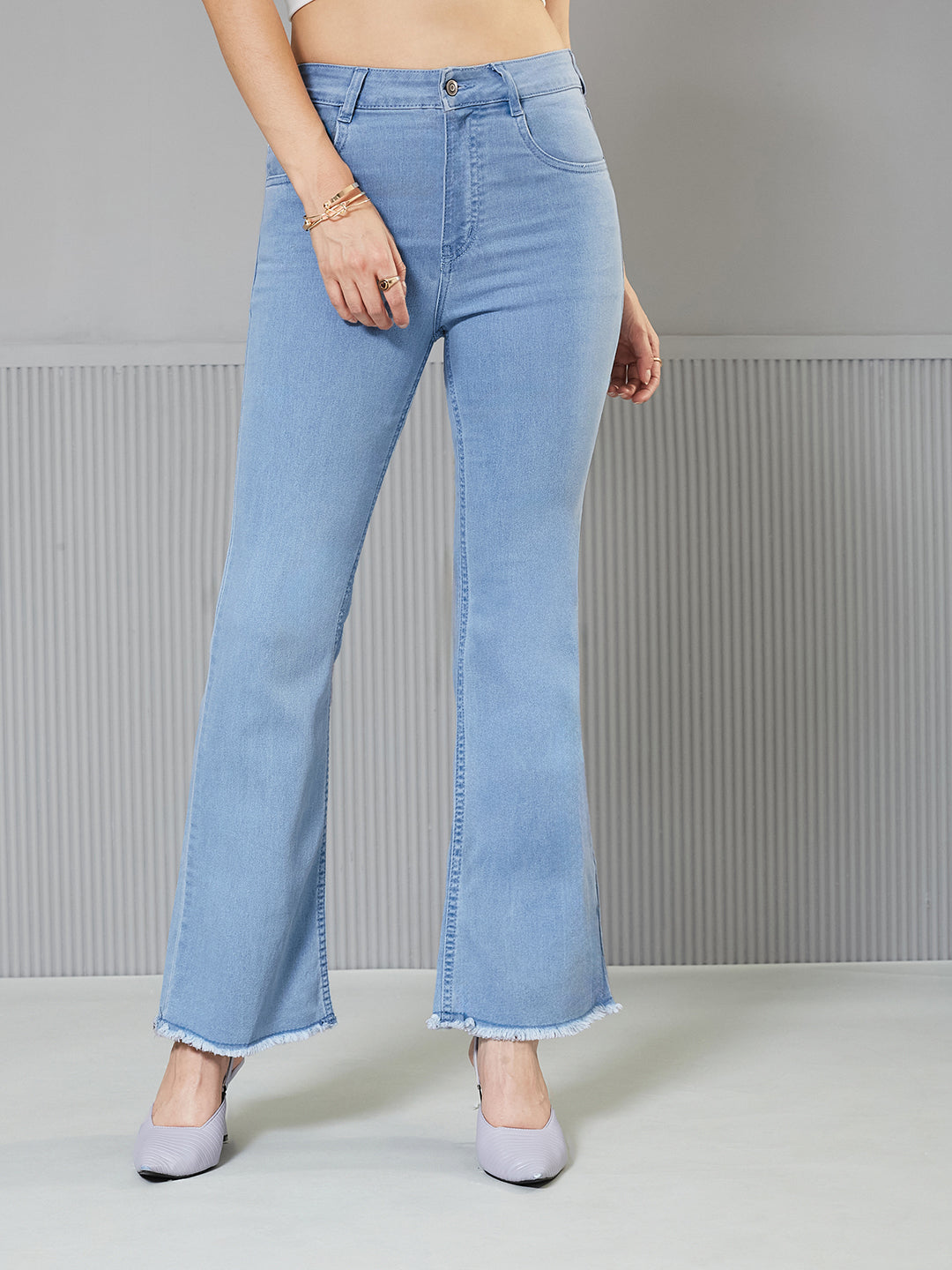 Women's Light Blue Boot Cut High-Rise clean-look Cropped Stretchable Denim Jeans