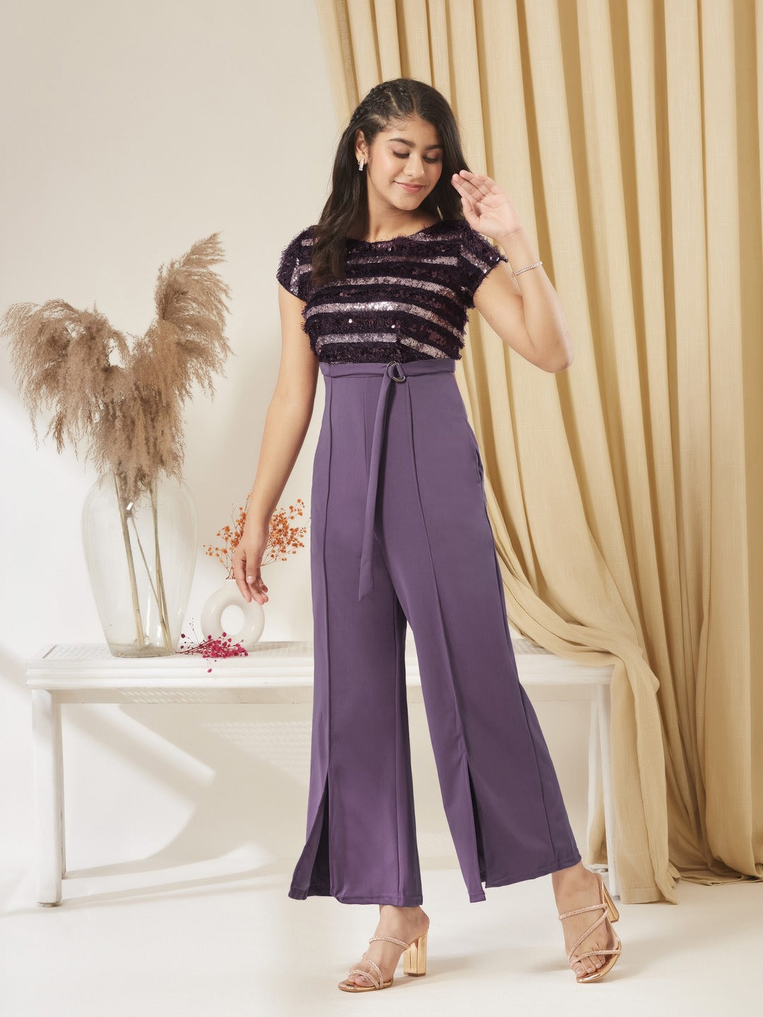 Purple Round Neck Short Sleeve Embellished Front Slit Fringed Regular Jumpsuit for Girls/Teenagers