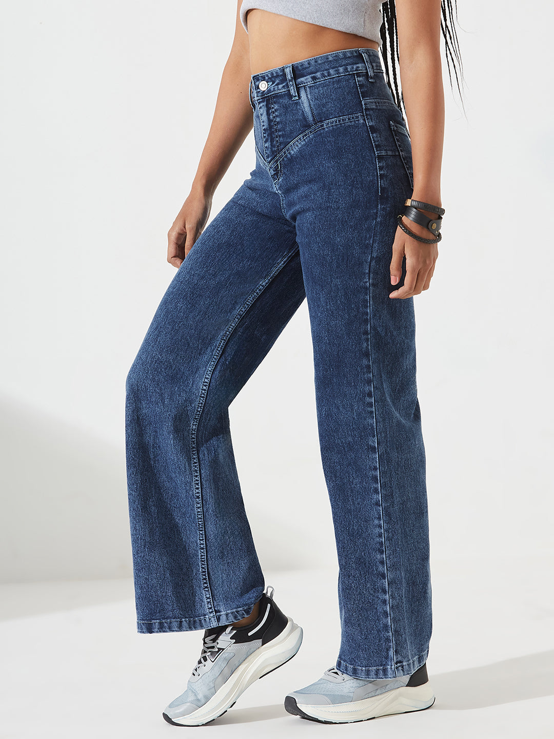 Blue High-Rise Stretchable Denim Wide-Leg Shaping Jeans For Women