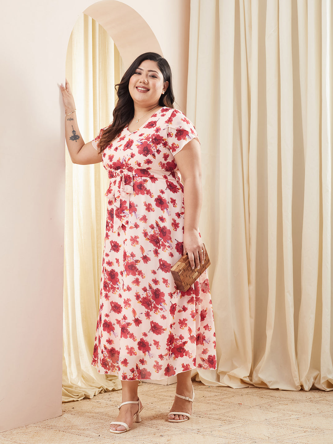 Multicolored-Base-Light Pink V-Neck Short Sleeved Floral Pleated Midi Dress for Women