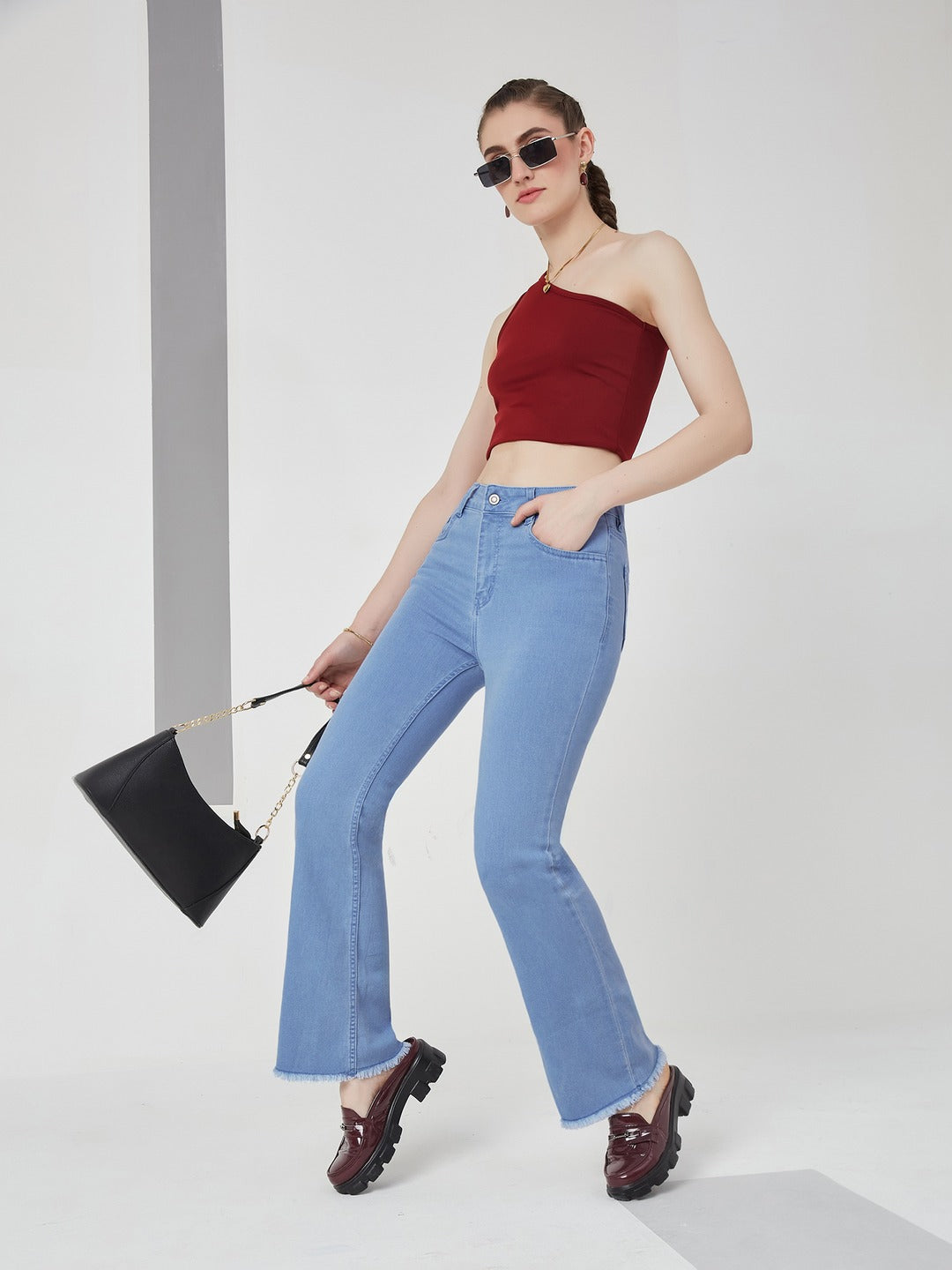 Light Blue Boot Cut high-rise Cropped Stretchable Denim Jeans for Women