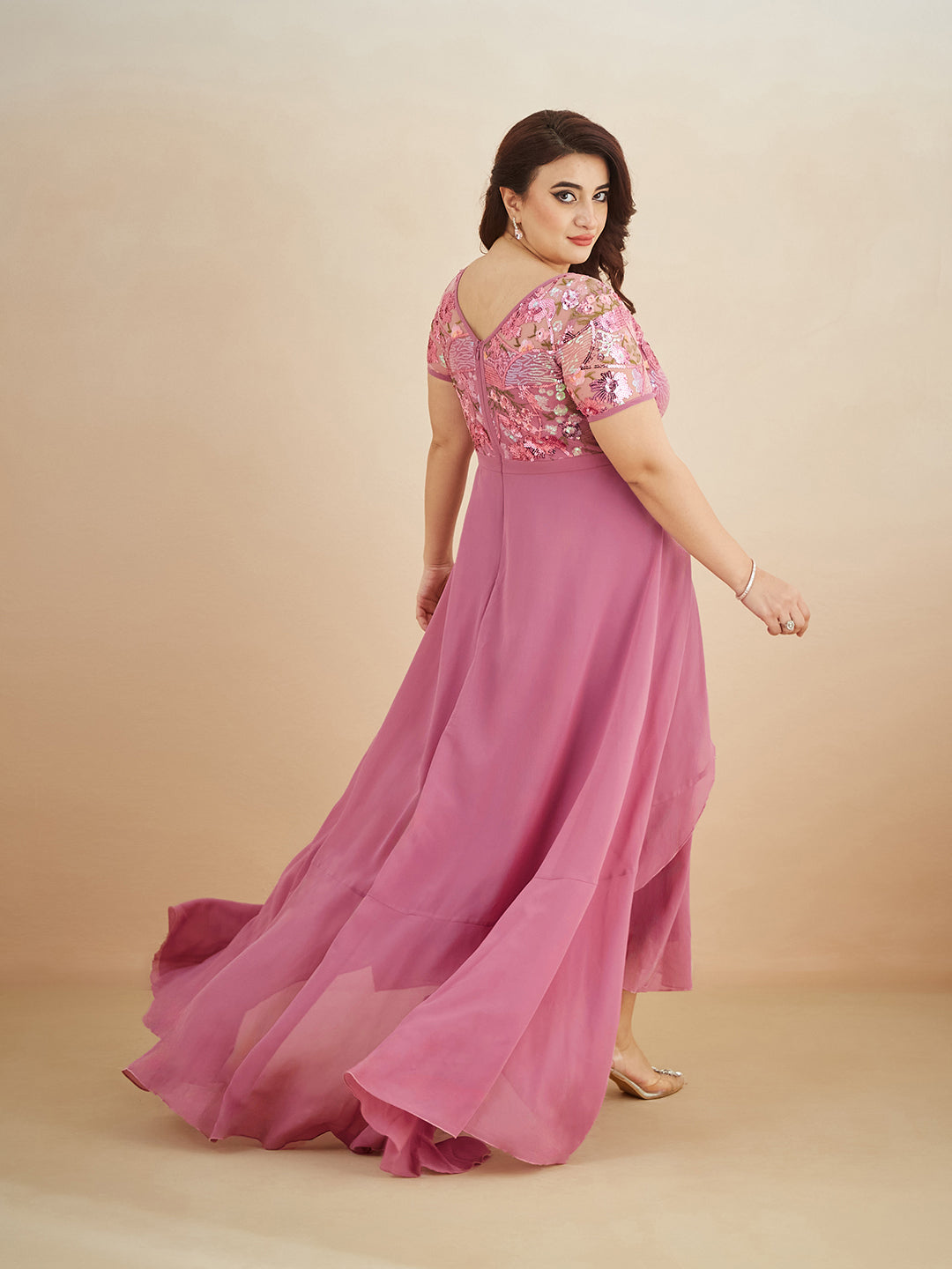 Multicolored-Base-Dusty Lavender Round Neck Short Sleeve Floral Layered Georgette Midi Dress for Women