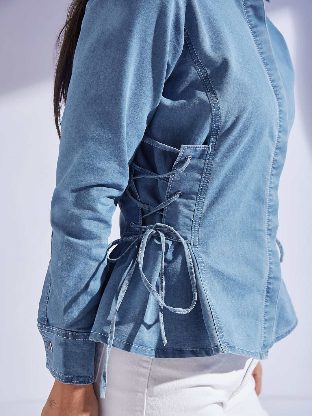 Women's Light Blue Shirt Collar Full-Sleeved Adjustable Tie Up Regular-Length Denim Shirt