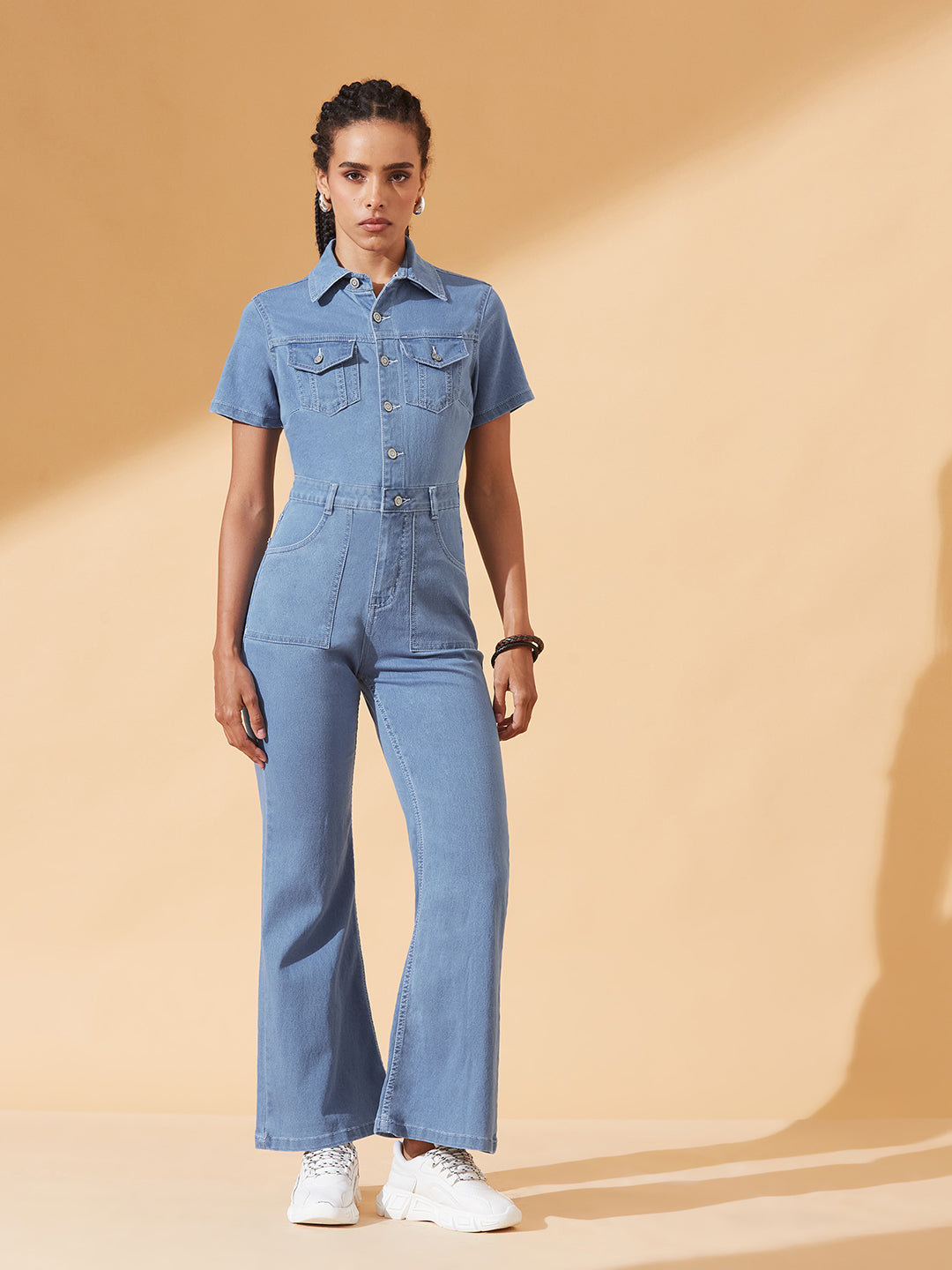 Light-Blue Flared High-Rise Stretchable Denim Jumpsuit for Women