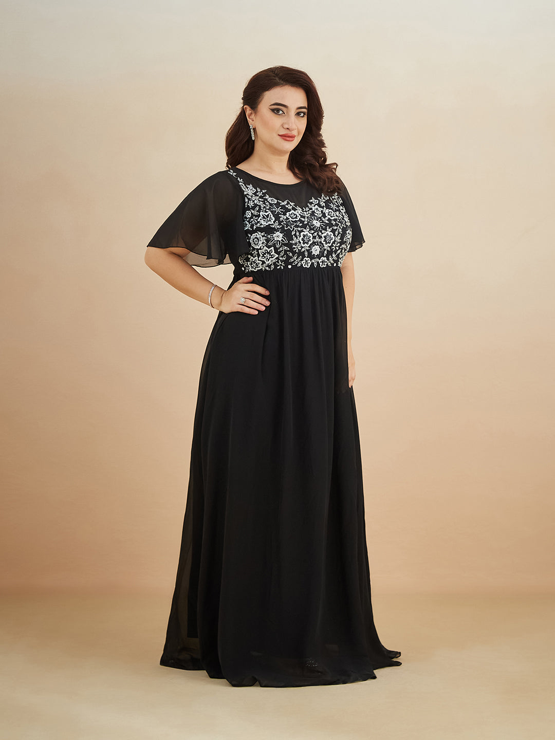Black Embellished Gathered Maxi Dress for Women