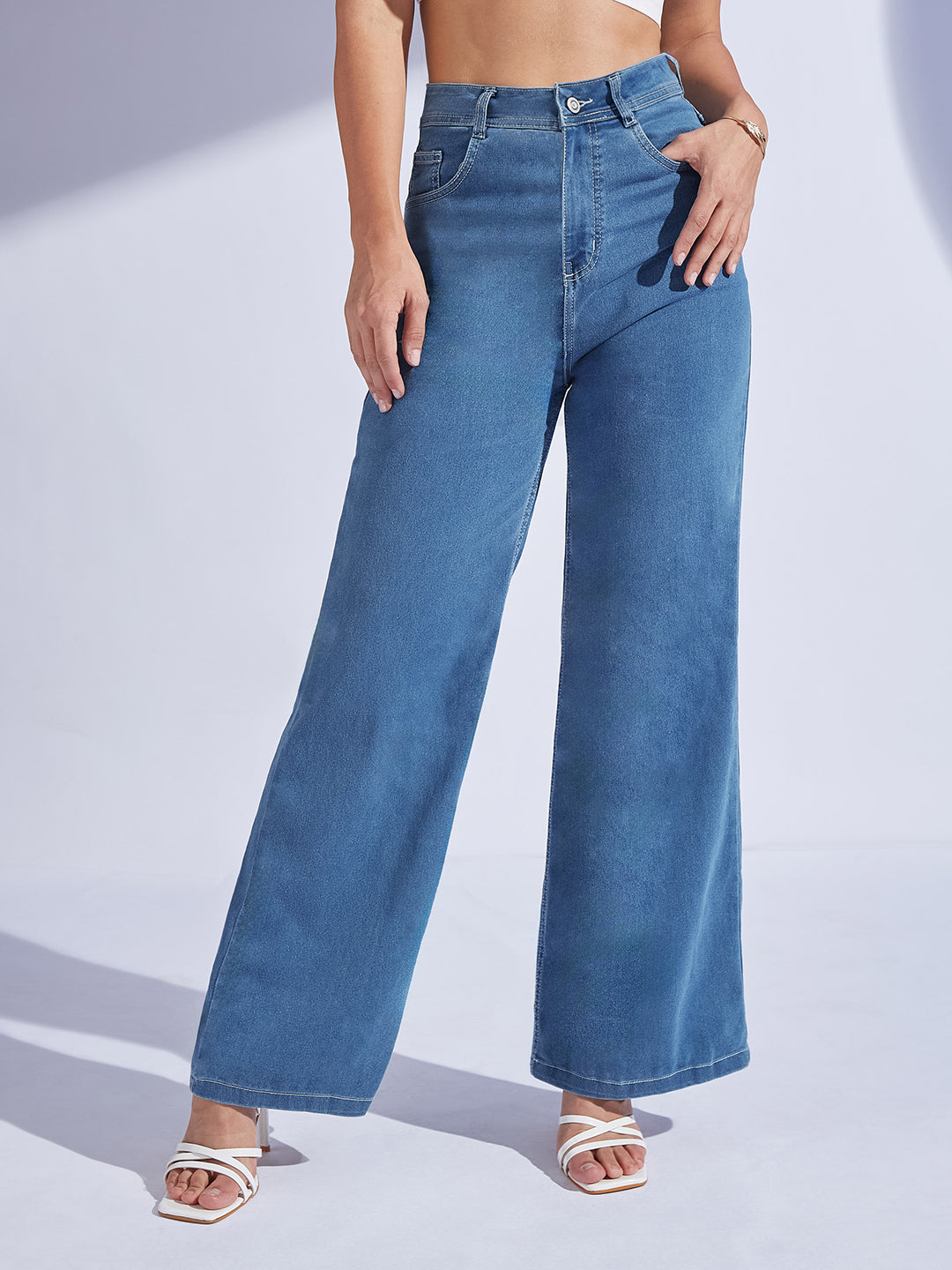 Women's Blue Wide-Leg High-Rise Stretchable Denim Jeans