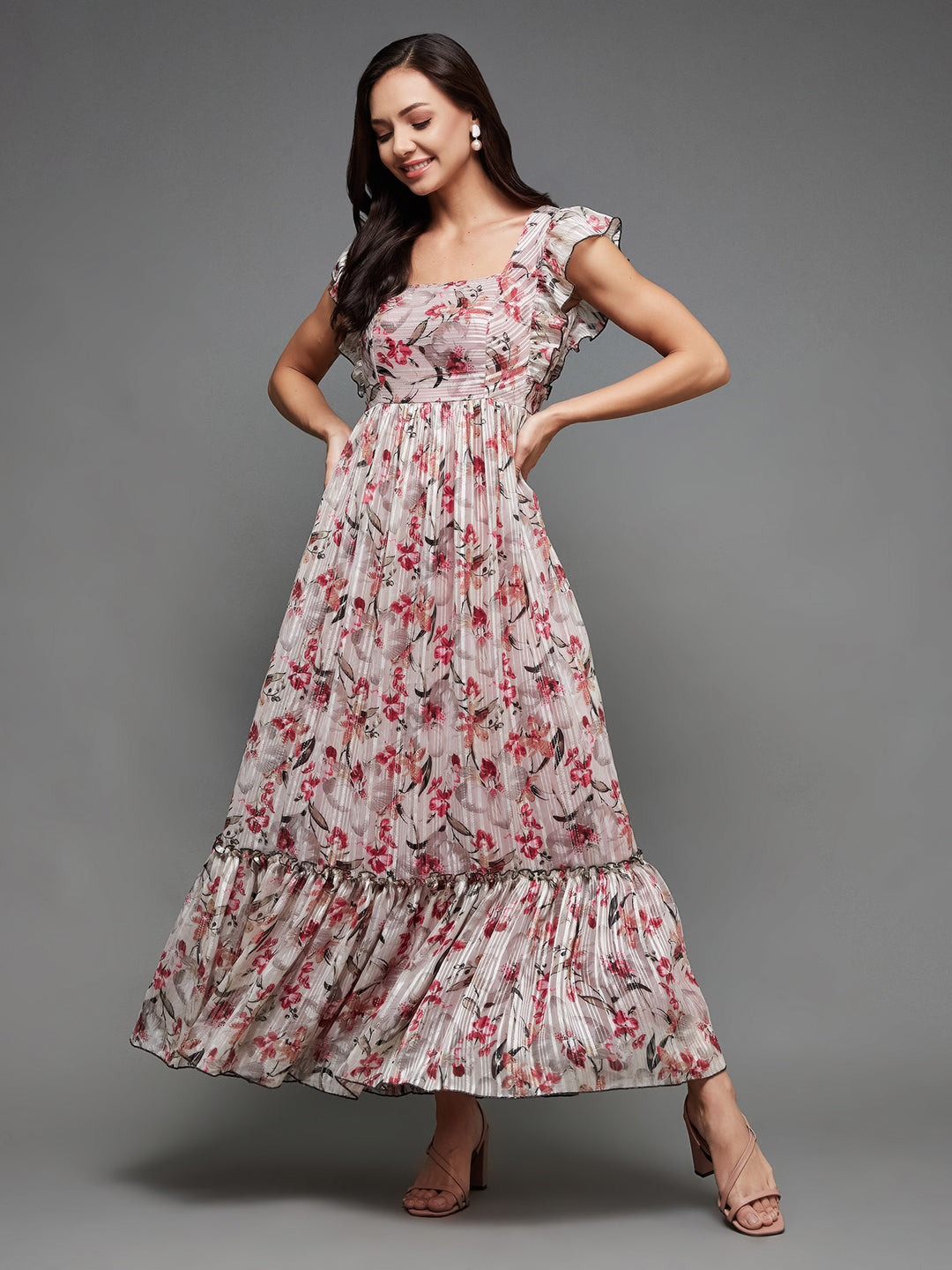 Women's Multicolored-Base-Off White Square Neck Layered Ruffles Sleeve Floral Patterned Tiered Maxi Georgette Dress