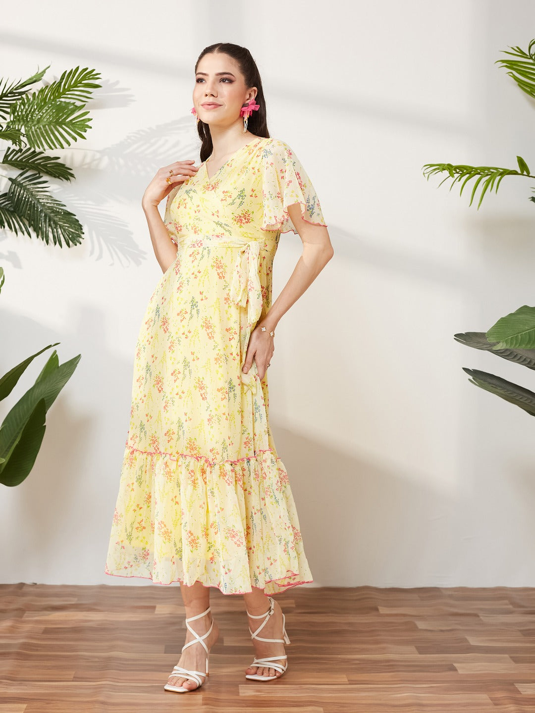 Yellow V Neck Flared Sleeve Floral Wrap Maxi Dress for Women