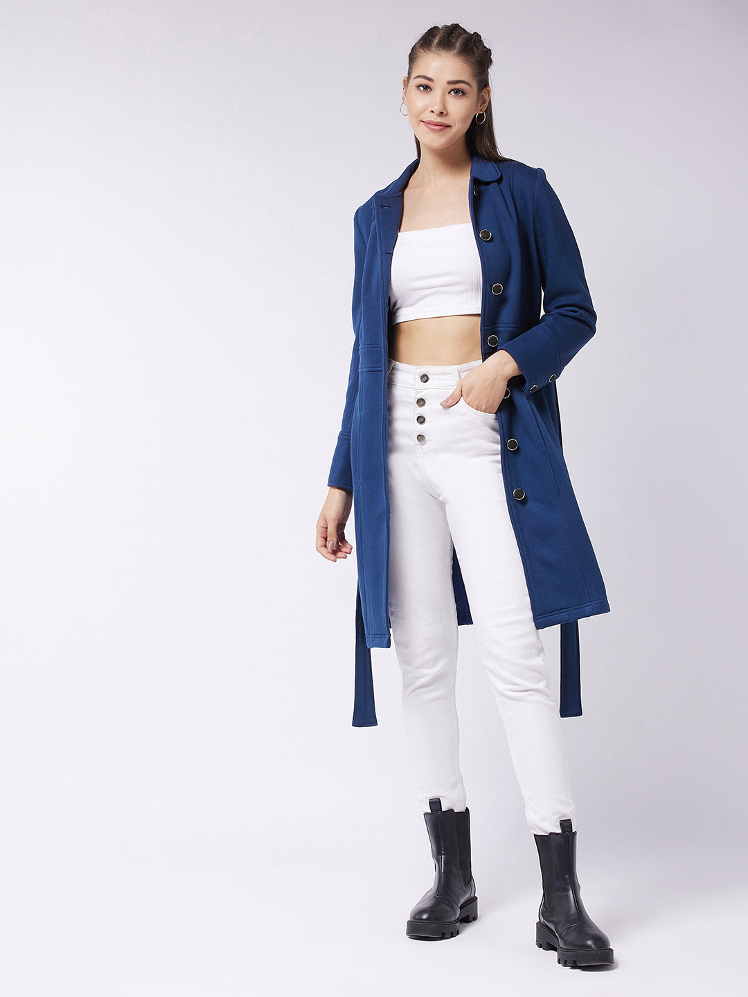 Women's Navy Blue Collared Full Sleeve Solid Tie-up Longline Jacket