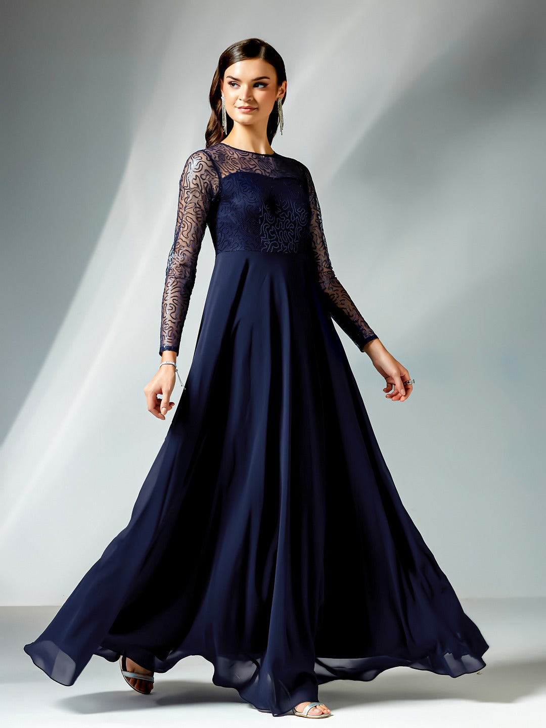 Navy-Blue Solid Embellished Maxi Dress for Women