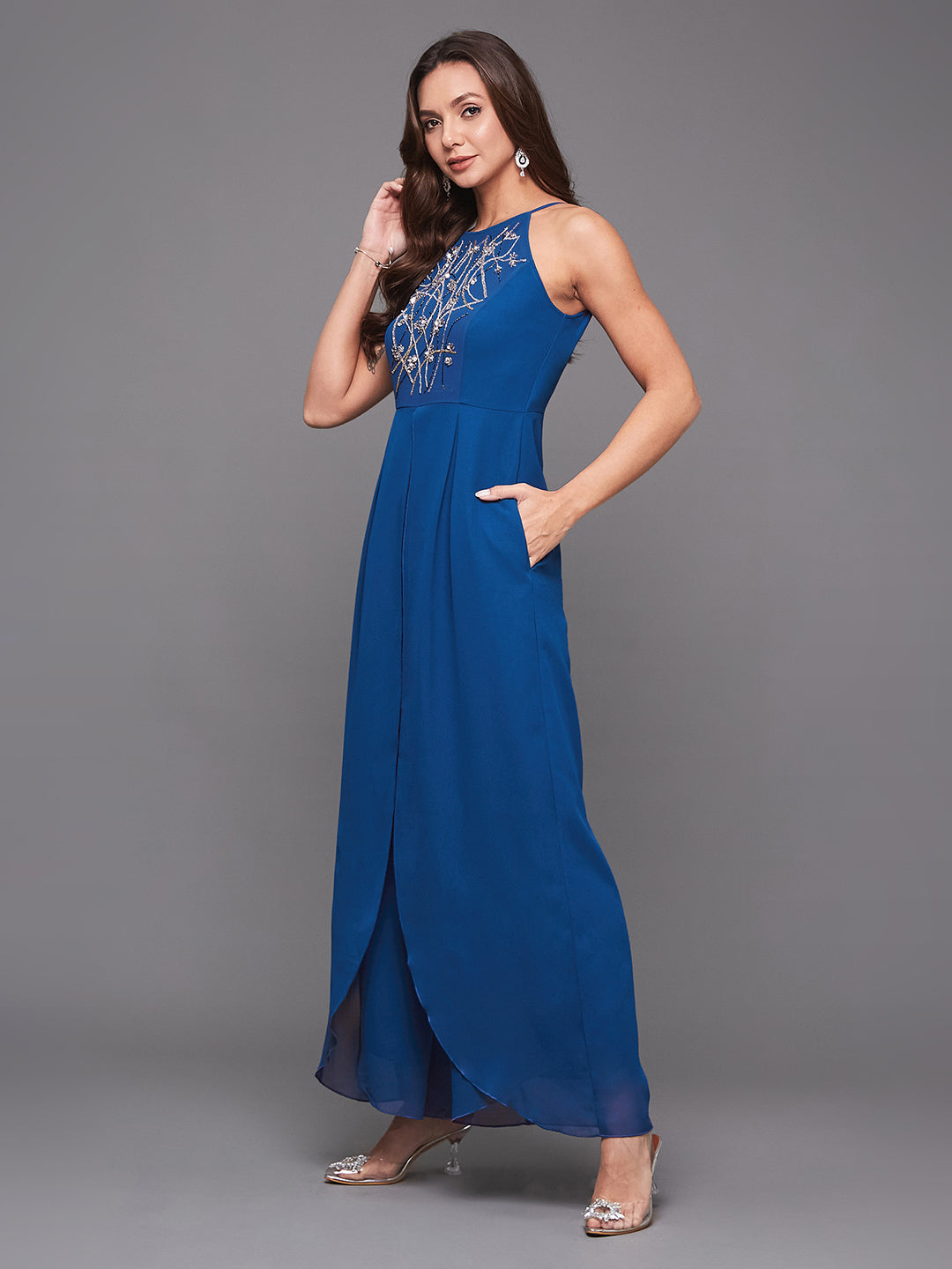 Women's Royal Blue Round Neck Sleeveless Embellished Halter Neck Jumpsuit