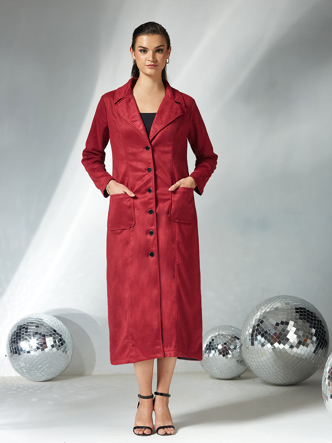 Women's Dark Red Solid V-Neck Full Sleeves Patched Pocketed Polyester Button Down Longline Winter Wear Jacket